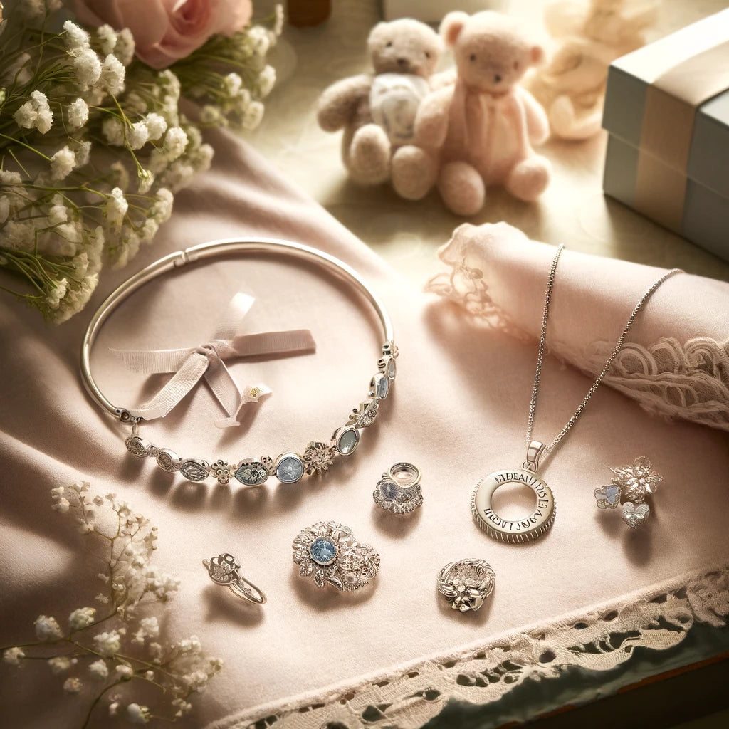 An elegant display of Magpie Gems' jewellery celebrating the birth of a child, featuring a birthstone necklace, an engraved bracelet, and a mother-child pendant on a pastel-colored fabric, adorned with soft toys and a baby's breath bouquet.