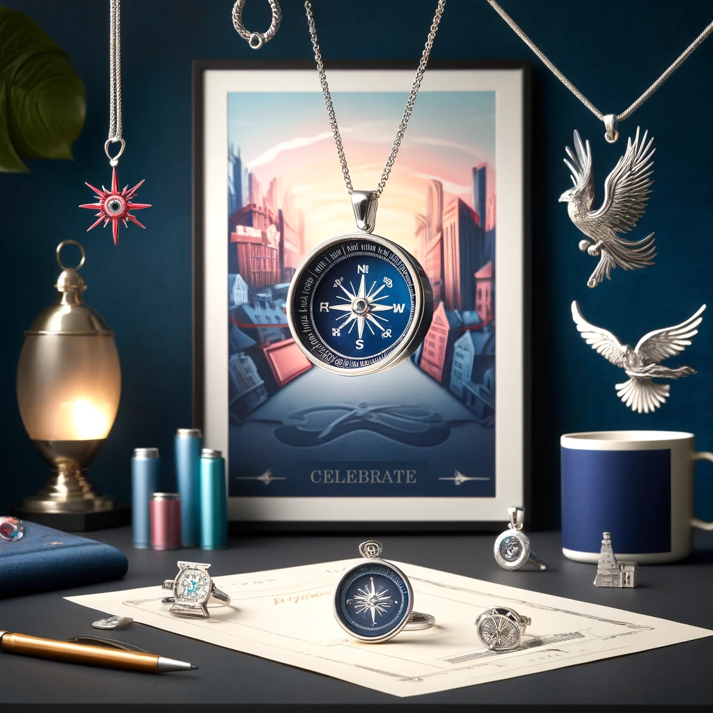 Elegant display of Magpie Gems sterling silver jewellery including a compass necklace, home pendant, and phoenix pendant