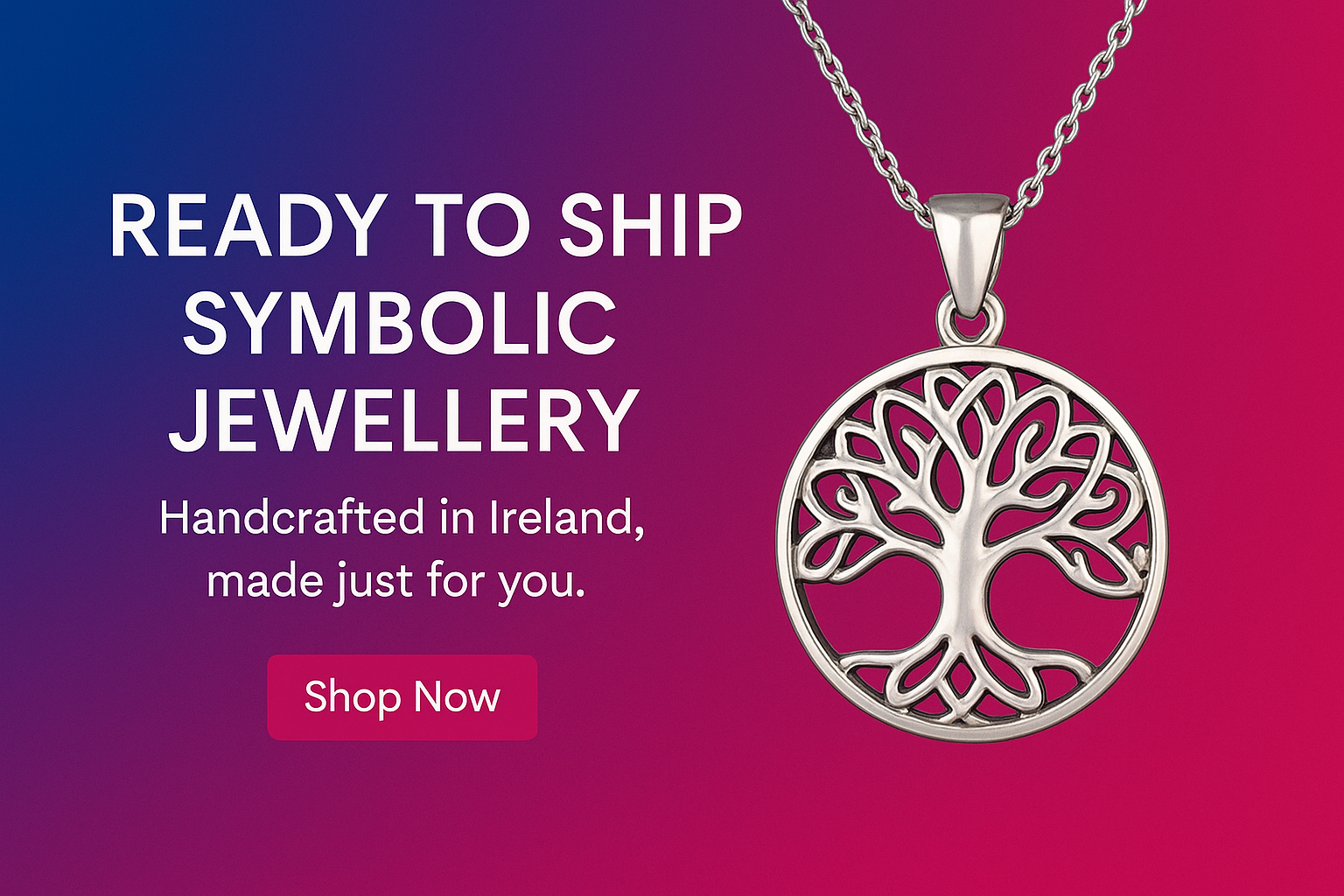 Silver Tree of Life pendant on gradient background with text "Ready to Ship Symbolic Jewellery."