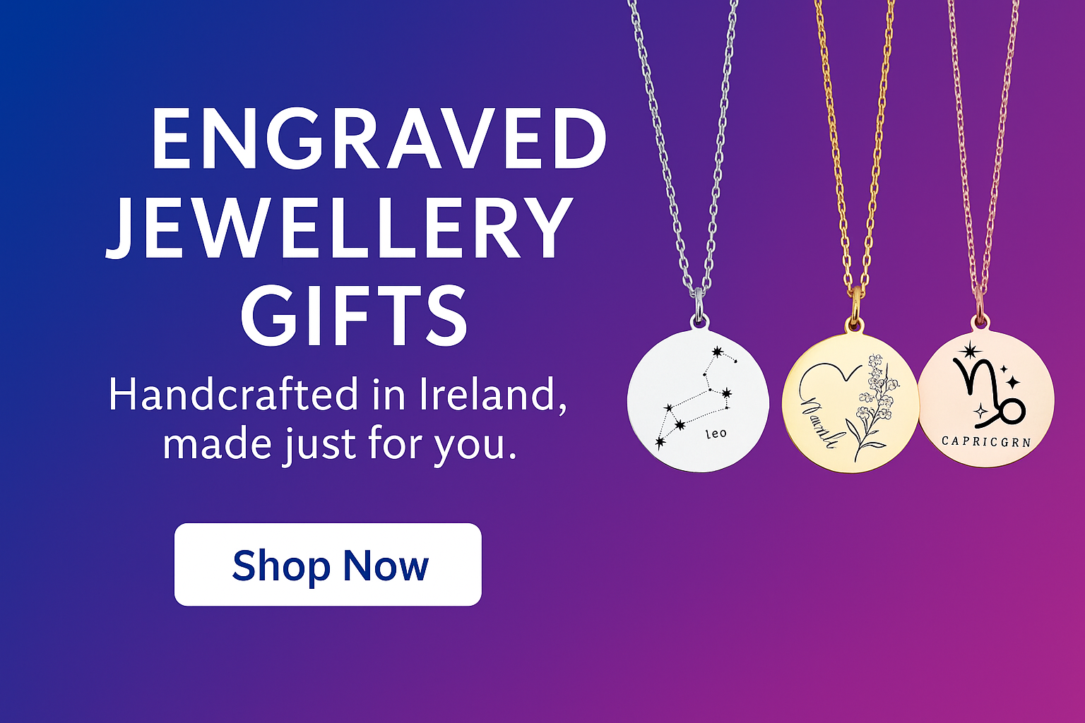Header with three engraved pendants on chains (Leo constellation, birthflower with name, Capricorn symbol) on gradient background. Explore engraved jewellery gifts by Magpie Gems