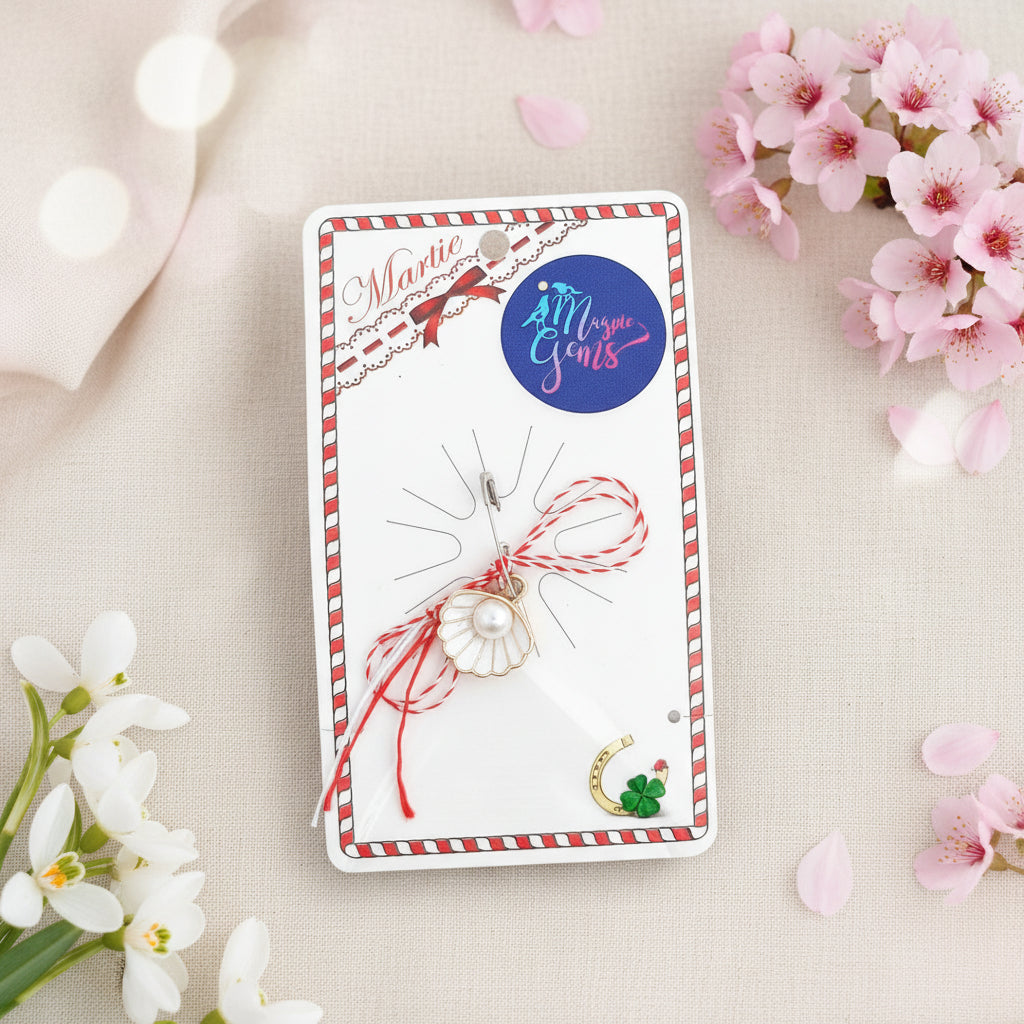 Seashell Serenity: Gold-Plated Shell with Pearl Martisor