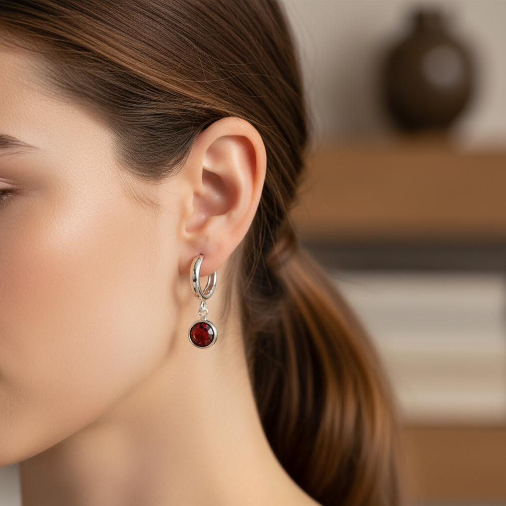 Model wearing sterling silver hoop earrings with January birthstone garnet charm, handcrafted by Magpie Gems.