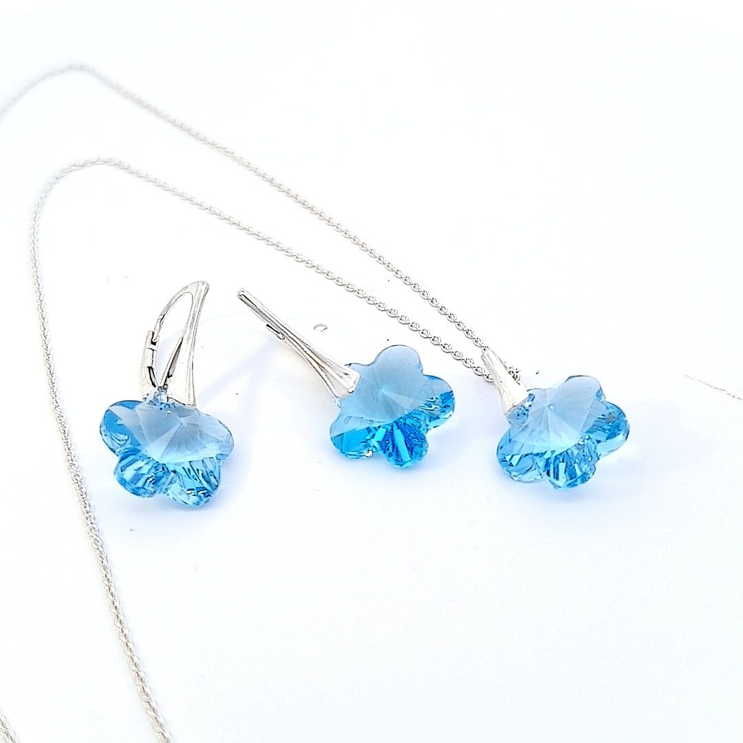 Aquamarine Crystal Flower Sterling Silver Jewellery Set