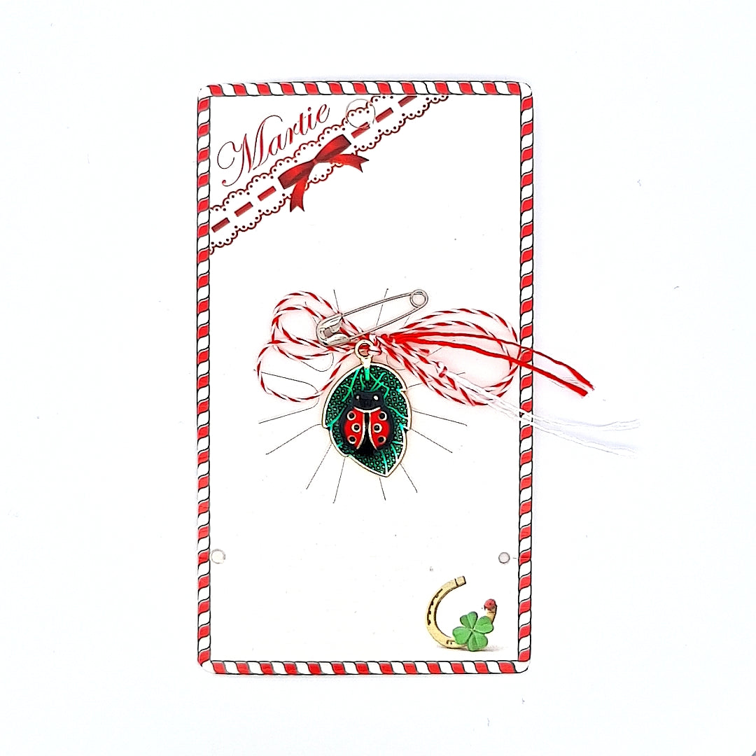 Ladybug on a Green Leaf Martisor on Gift Card, Enamel Ladybug Charm, Spring Token, Recyclable Packaging