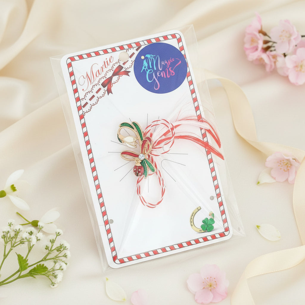 The Radiant Ladybug & Snowdrop Martisor Brooch elegantly packaged with the traditional Martisor story card.