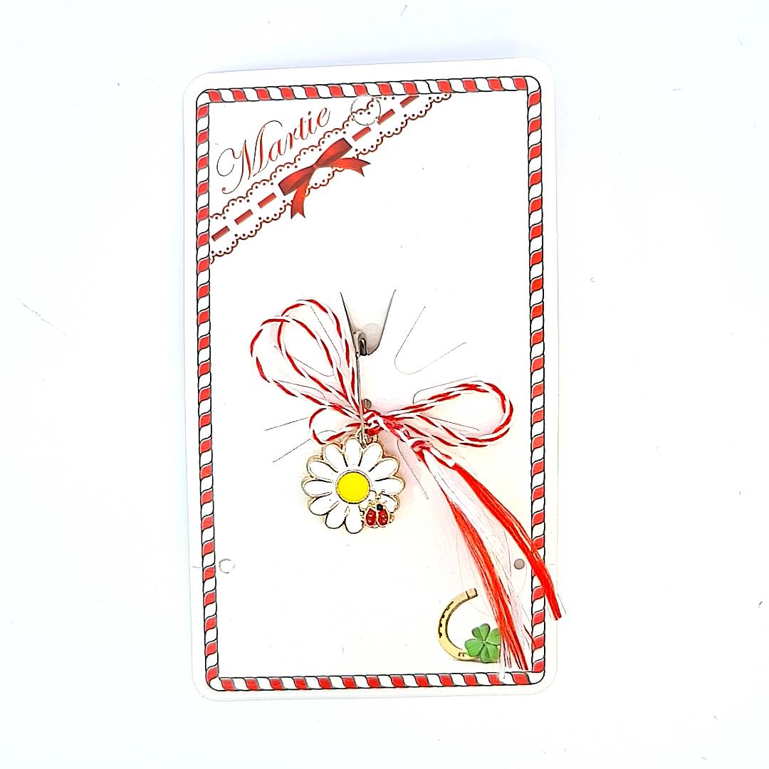 The 'Sunny Bloom' Martisor charm elegantly packaged in a clear bag with a red and white bow, ready for gifting.