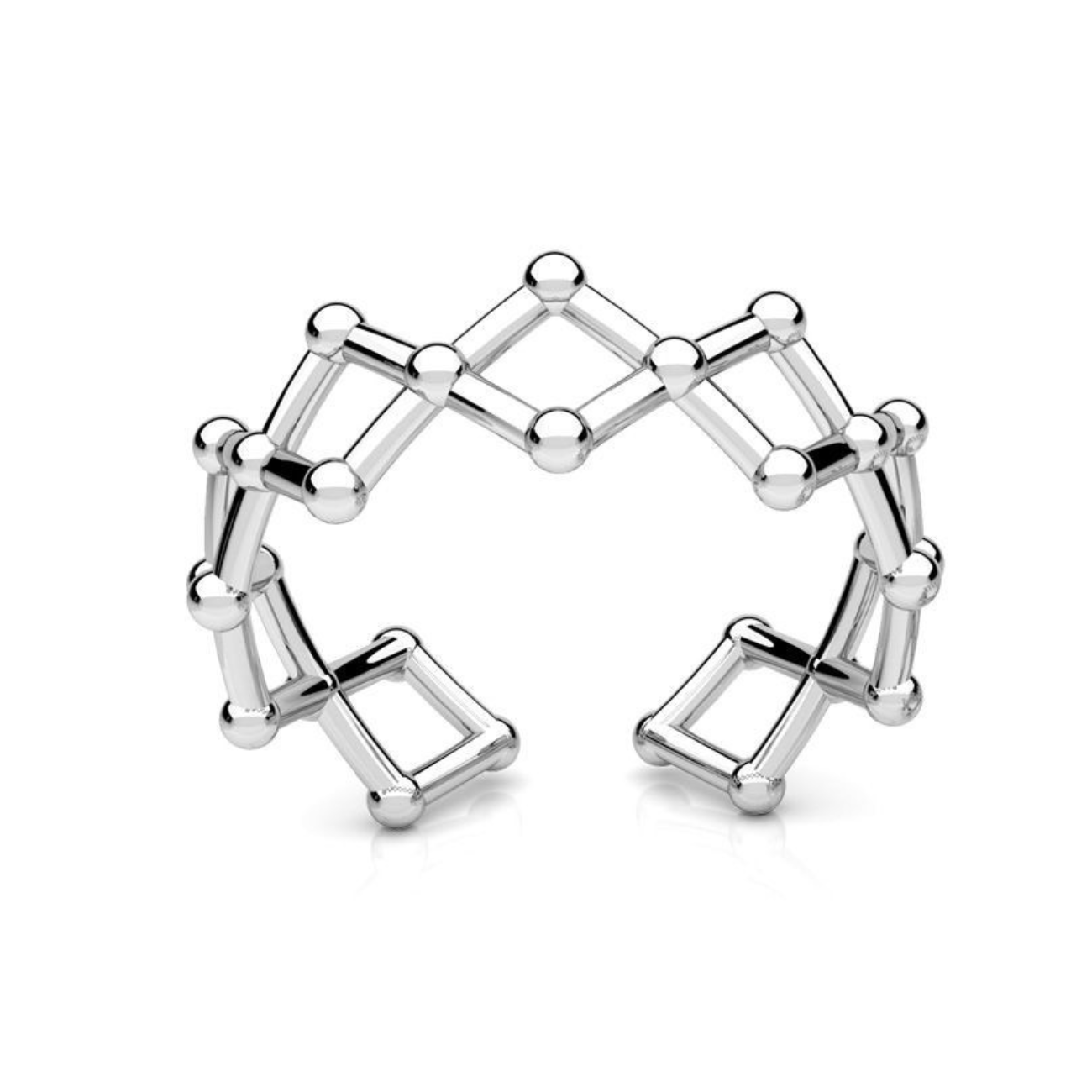 Adjustable sterling silver molecule ring with open geometric design