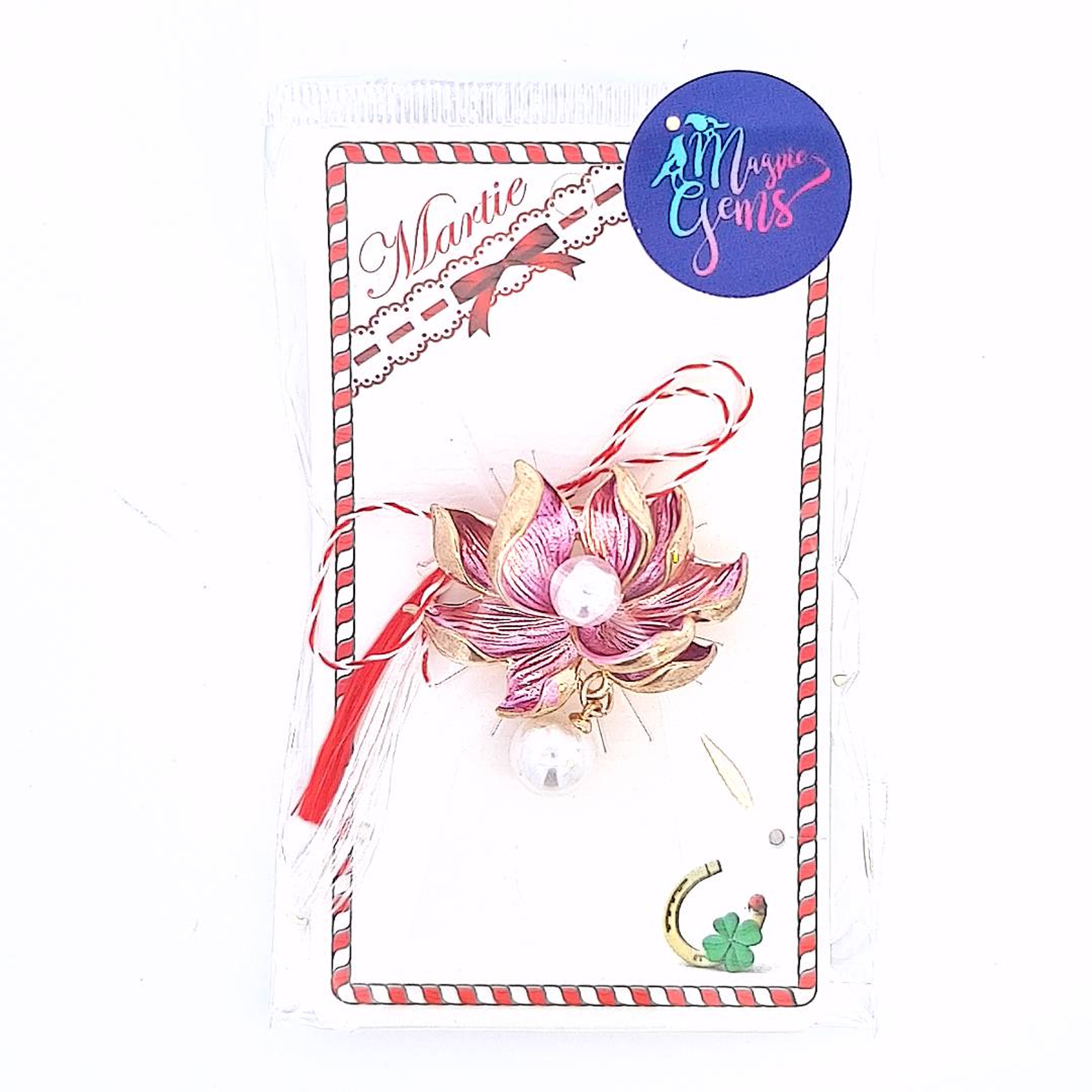 Elegantly packaged Blossom of Hope Mărțișor Brooch with red and white string, ready to be gifted as a cherished symbol of hope and new beginnings."