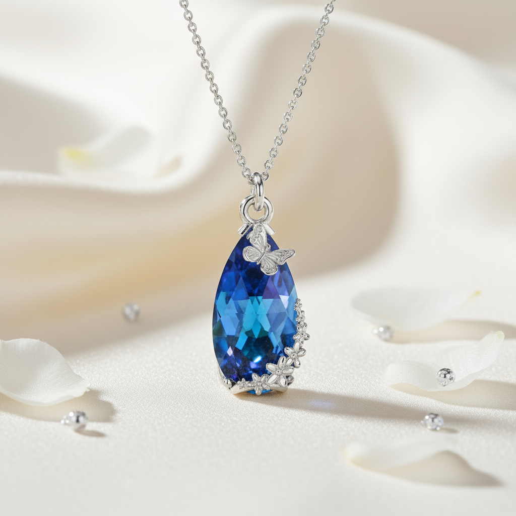 Silver Teardrop Pendant Necklace with Butterfly and Flowers Design