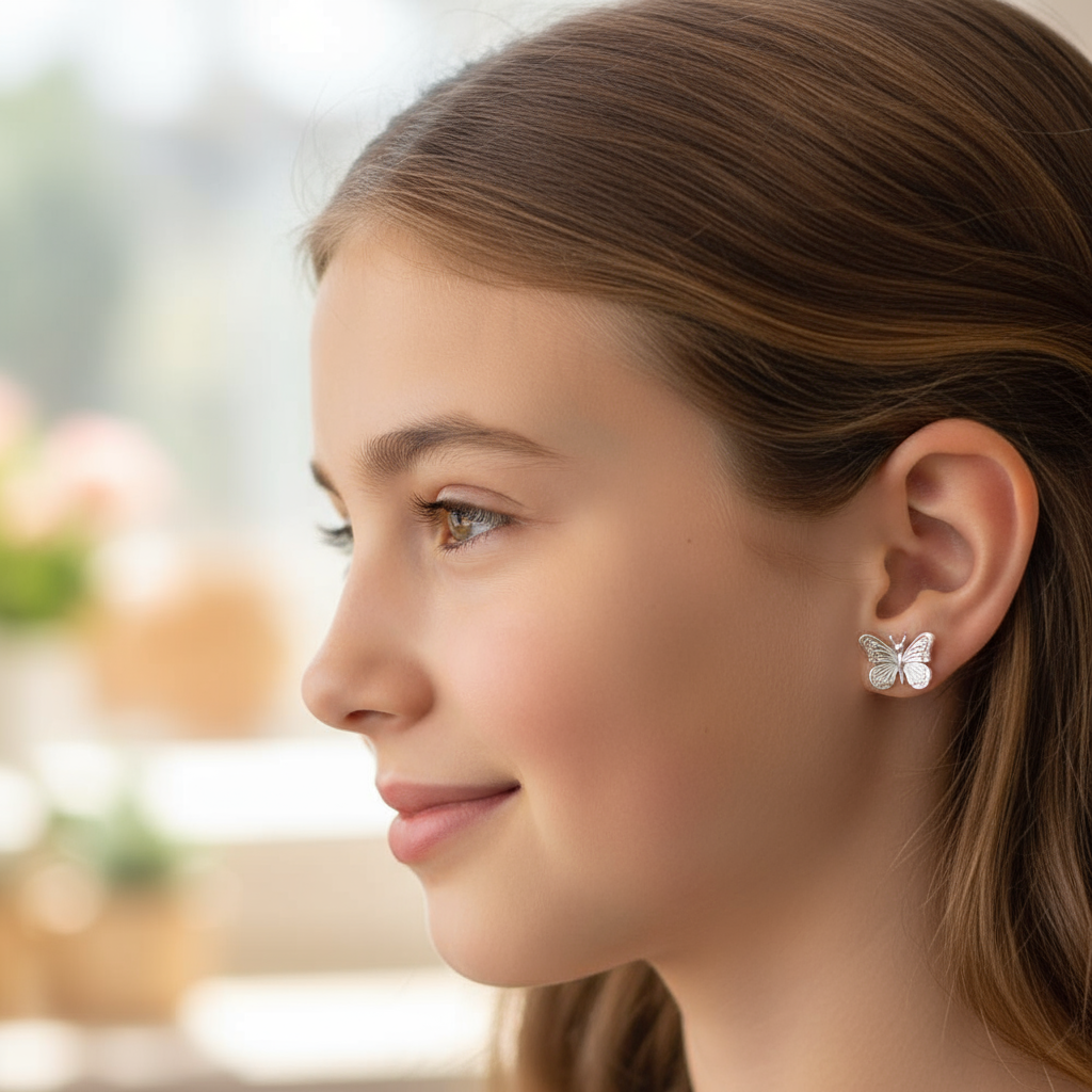 Close-up of a girl wearing butterfly earrings in sterling silver.