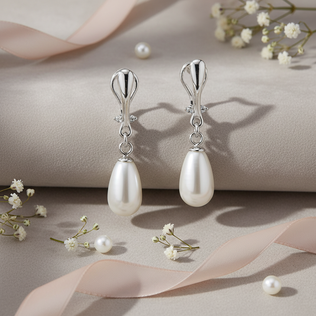 Pearl earrings with silver clip-ons on a soft beige background with flowers and ribbons.