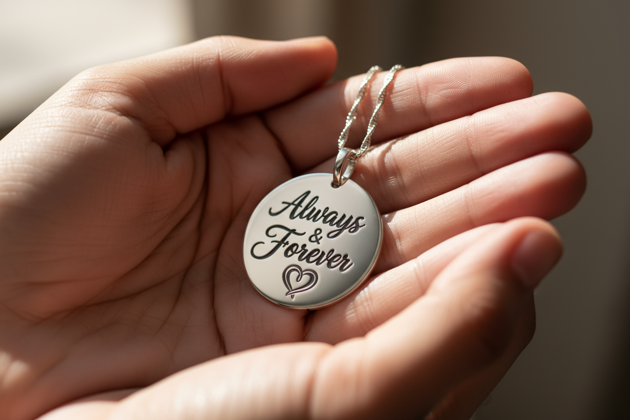 Close-up of hands holding a personalised silver pendant engraved with “Always & Forever”, handcrafted by Magpie Gems in Ireland.