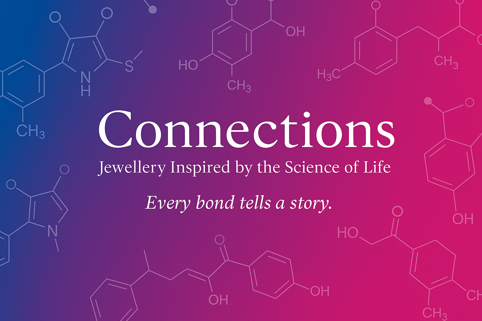Connections Collection hero banner for Magpie Gems Ireland. Gradient background in Reflex Blue and Pink with white molecule outlines. Text overlay reads: Connections — Jewellery Inspired by the Science of Life. Every bond tells a story.