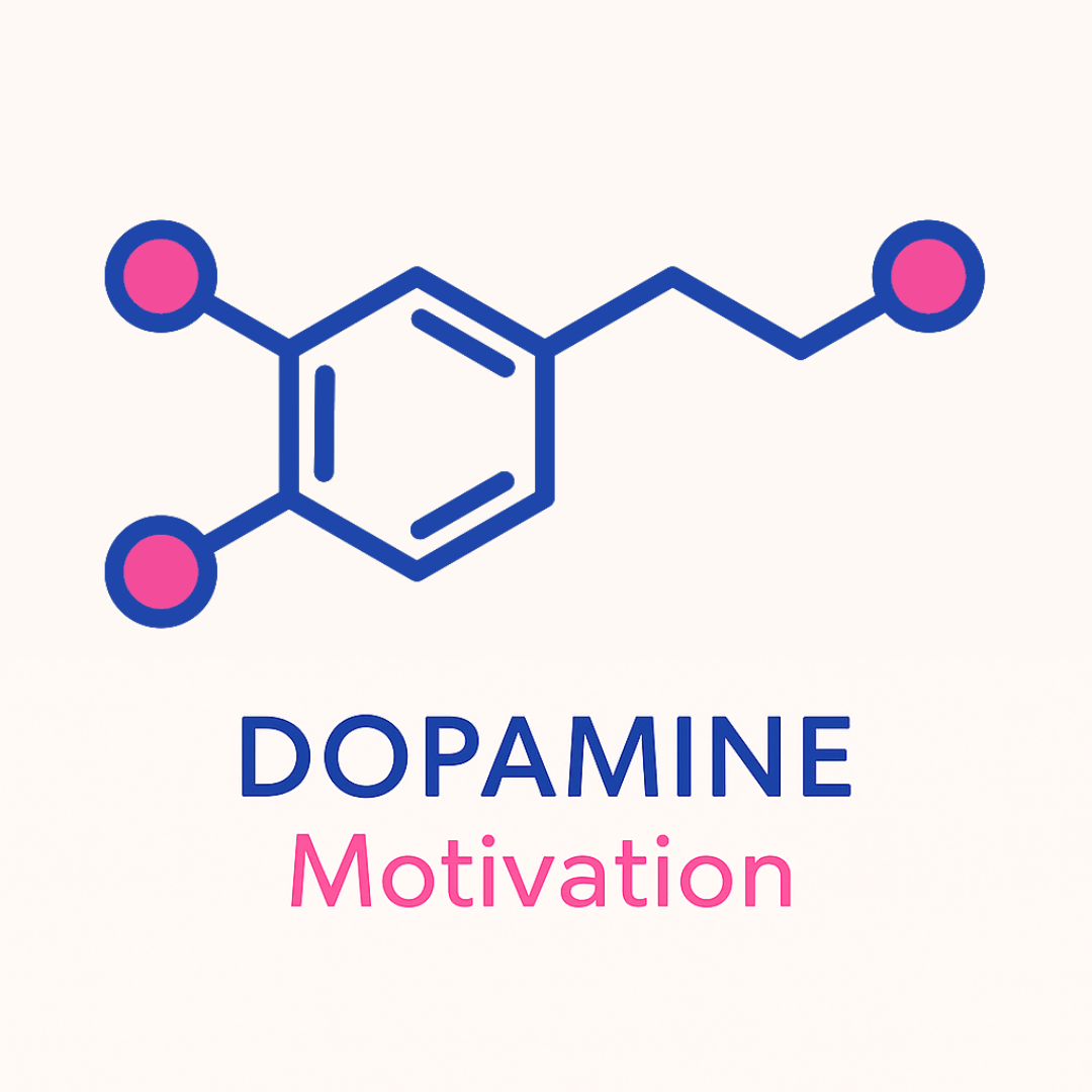 Molecular structure of dopamine with 'Dopamine Motivation' text on a white background