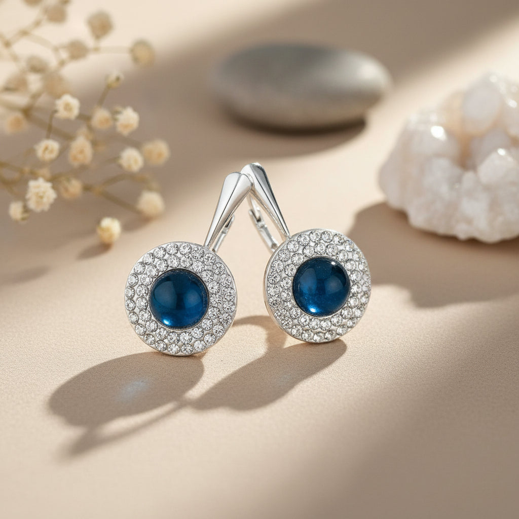 Double Halo Pearl Leverback Earrings in Sterling Silver with Petrol Blue Pearl