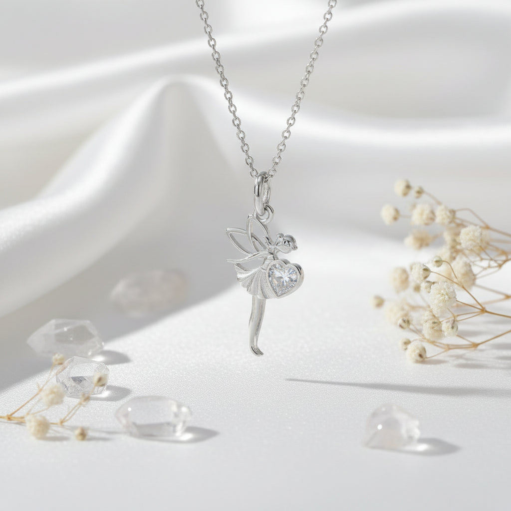 Silver fairy pendant necklace on a white background with small flowers.