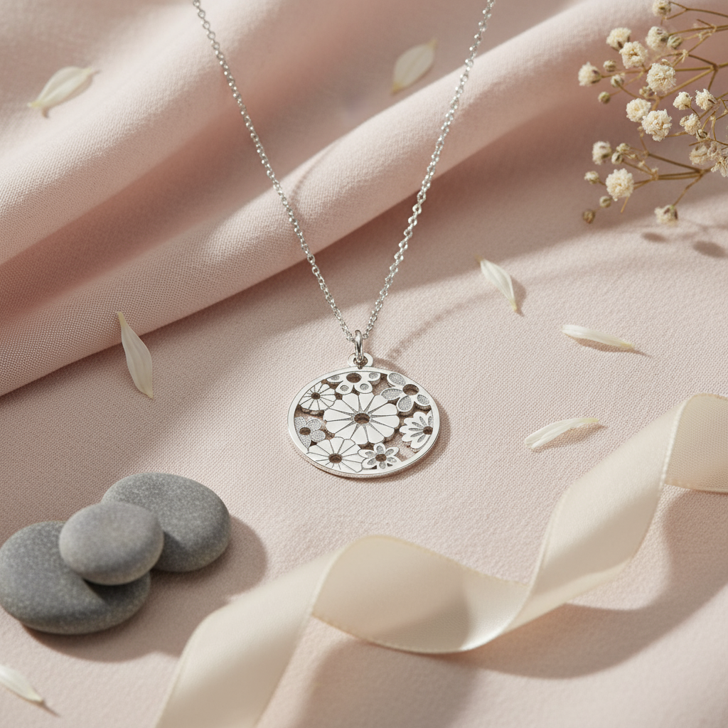 Silver necklace with a floral pendant on a soft pink fabric background with stones and flowers.