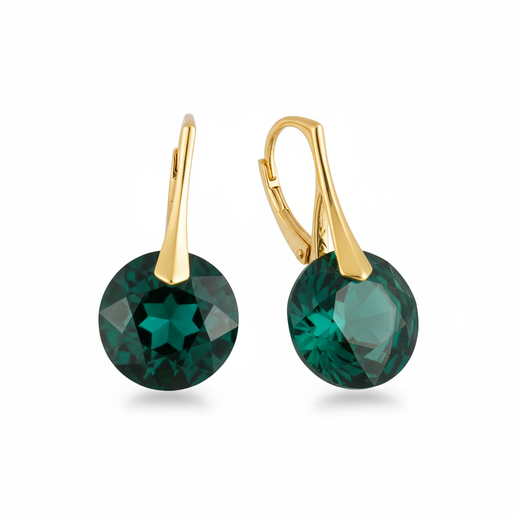 Pair of gold sterling silver dangle earrings with Emerald stone crystal, featuring a delicate drop design, perfect for ladies seeking elegant jewellery from Ireland.