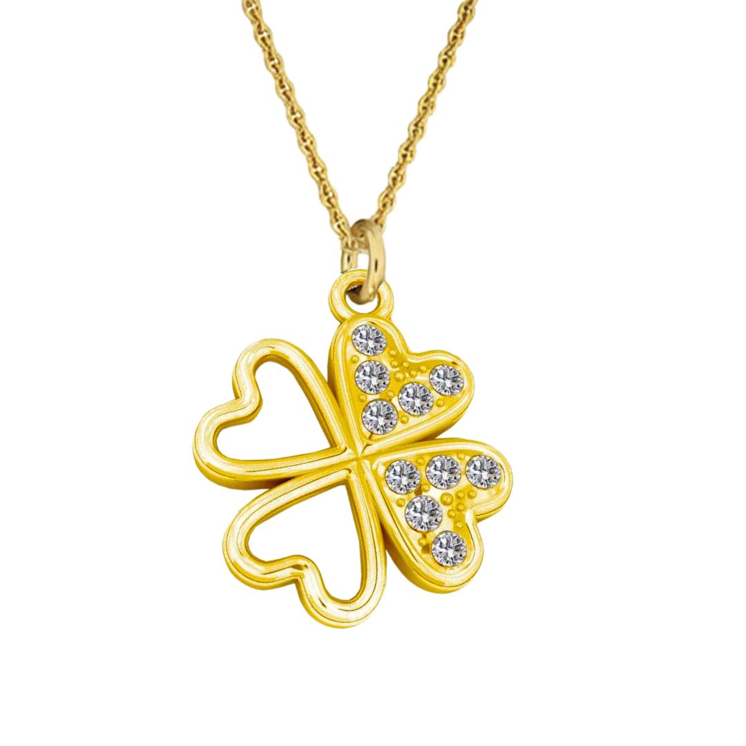 24k gold-plated four-leaf clover pendant necklace with heart-shaped leaves and sparkling Austrian crystals by Magpie Gems, handmade in Ireland.