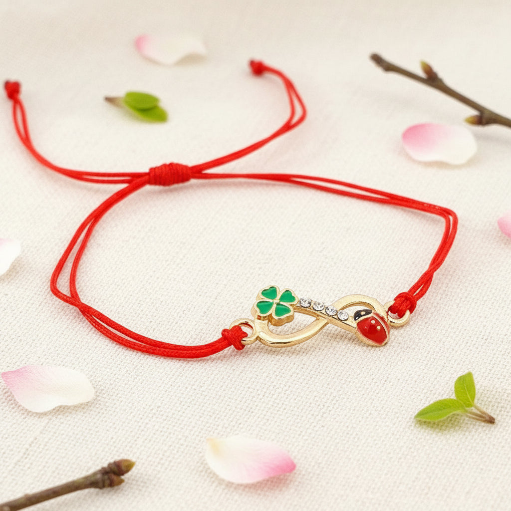 Detailed view of the 'Eternal Luck' Martisor Bracelet's infinity symbol with a ladybird and four-leaf clover charms, highlighting the enamel and crystal details.