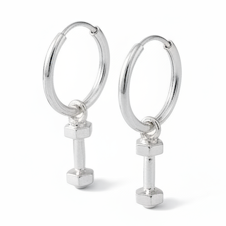 Hand-Finished Sterling Silver Hoop Earrings with Dumbbell Charm