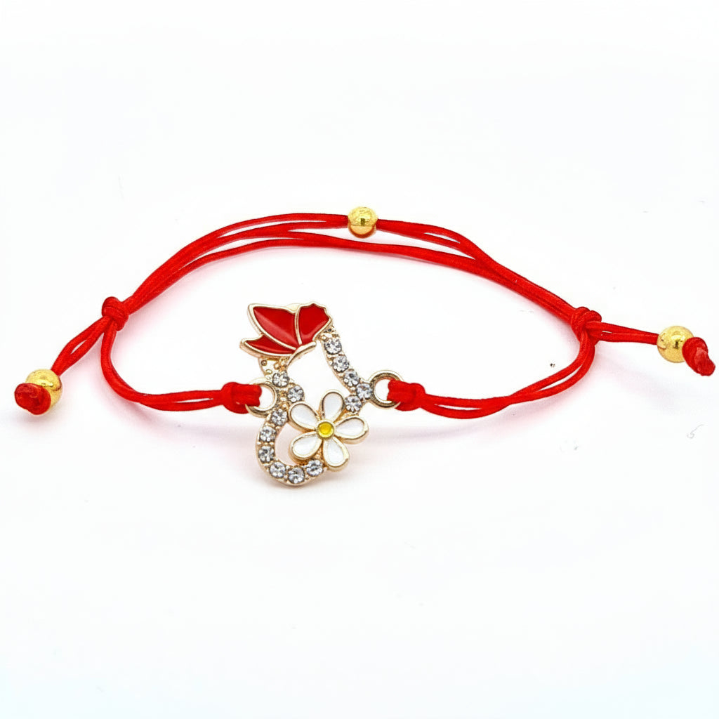 Charming 'Spring Harmony' Martisor Bracelet with a crystal-studded heart, flower, and red butterfly charm on a red adjustable macramé cord, set against a white background for clarity.
