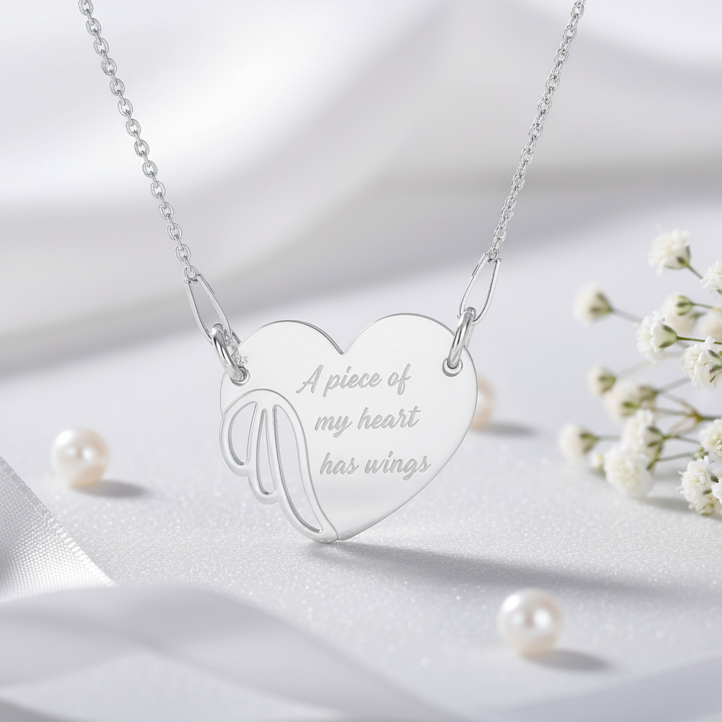 Heart-shaped silver necklace with engraved text on a white fabric background. A piece of remembrance jewellery made by Magpie Gems in Ireland.