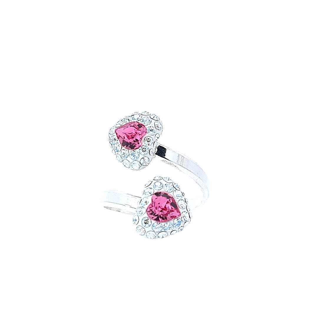 Wrap-around ring in sterling silver with heart pave ends, showcasing brilliant gemstones in rose pink