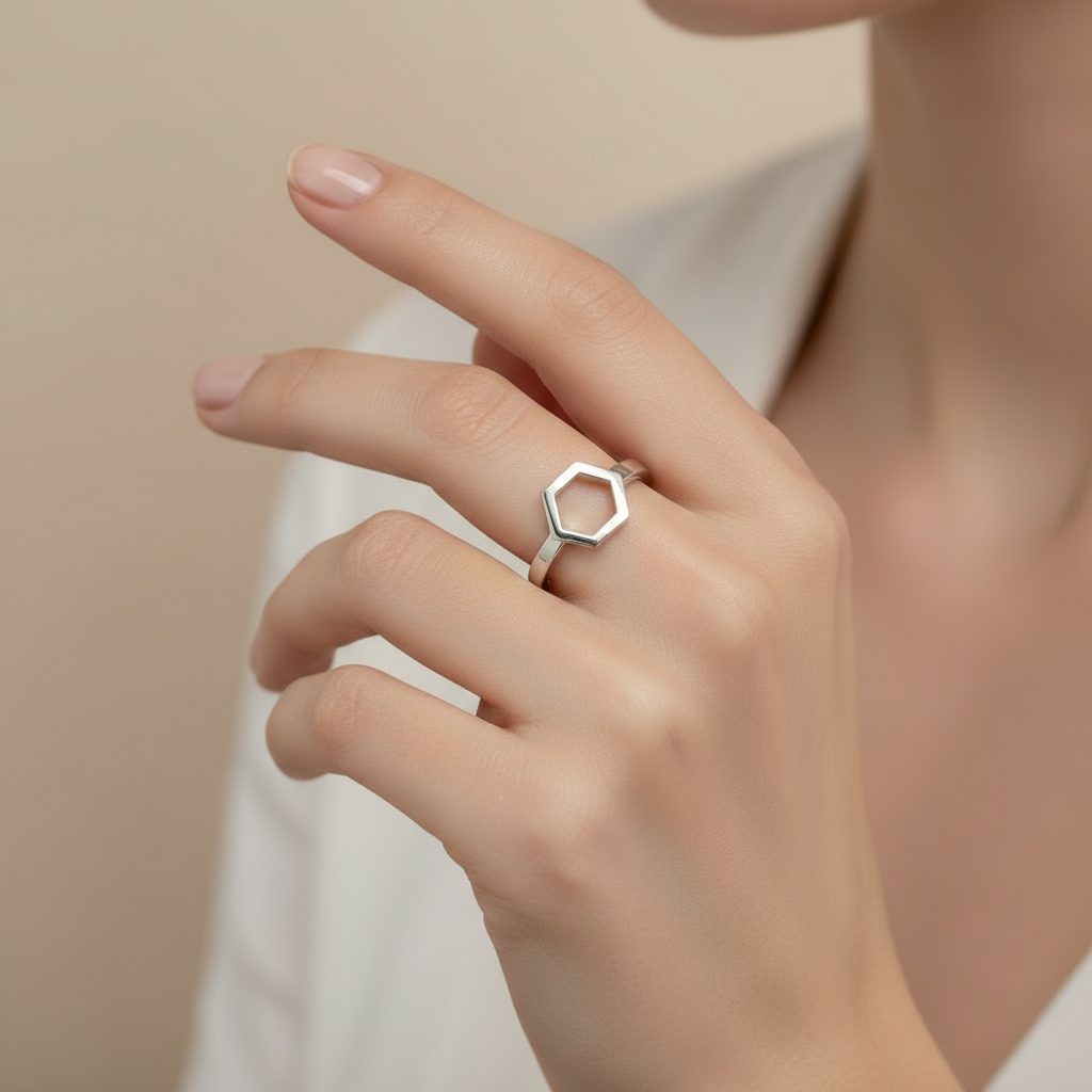 Universal Size Sterling Silver Hexagon Honeycomb Ring | Celebrating Science and Happiness
