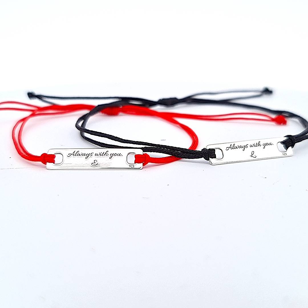 Magpie Gems Engraved Unity Bracelet Set with 'Always with You' engraving, red and black adjustable bands.