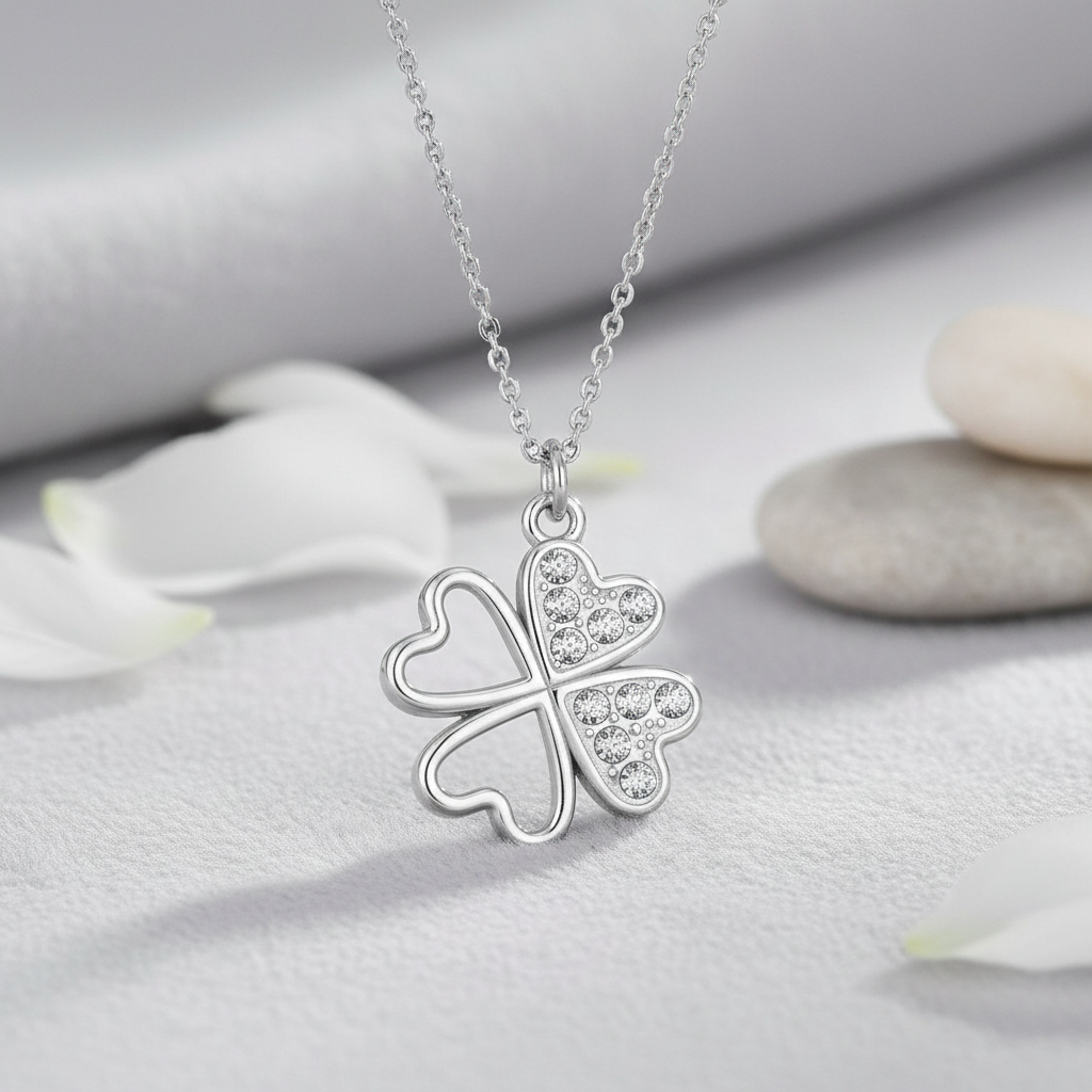 Silver four-leaf clover pendant necklace on a light background