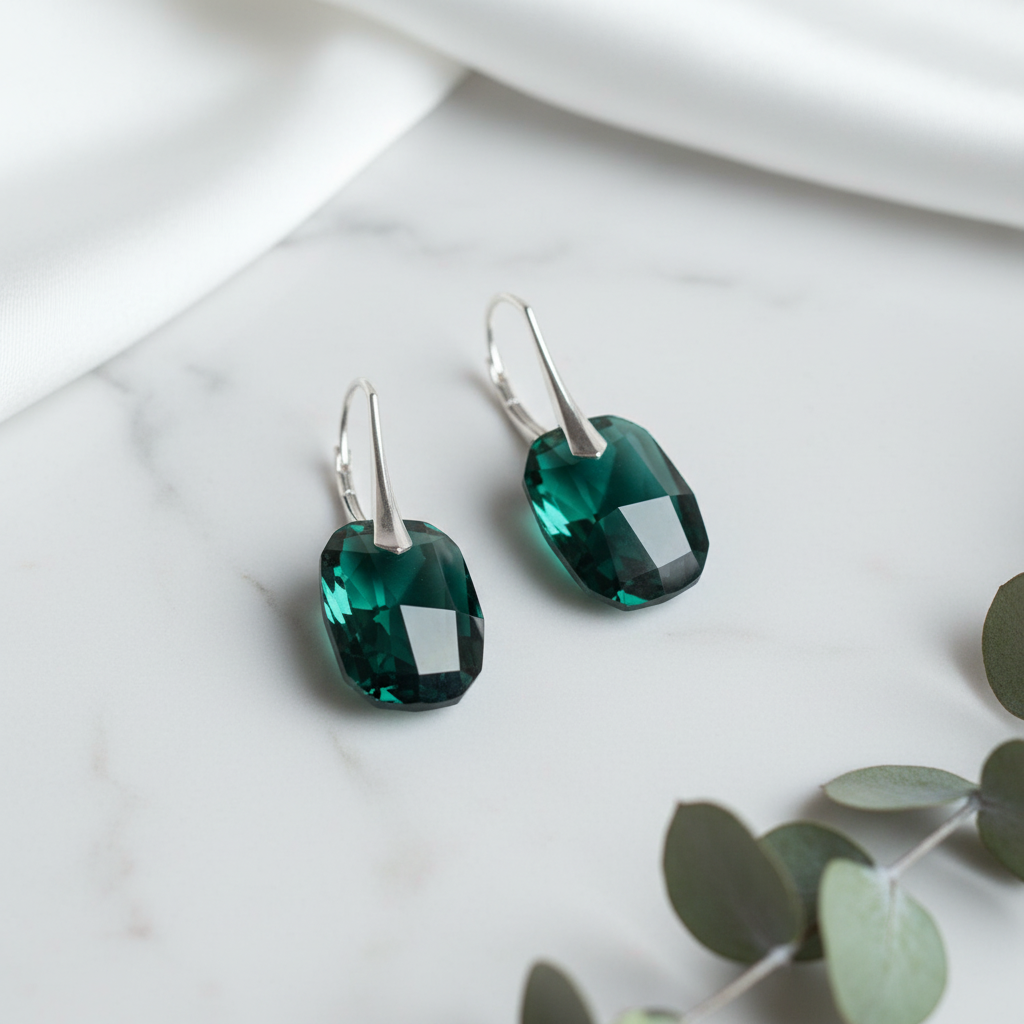 Large Emerald Crystal Earrings with Sterling Silver Leverback | 925 Sterling Silver