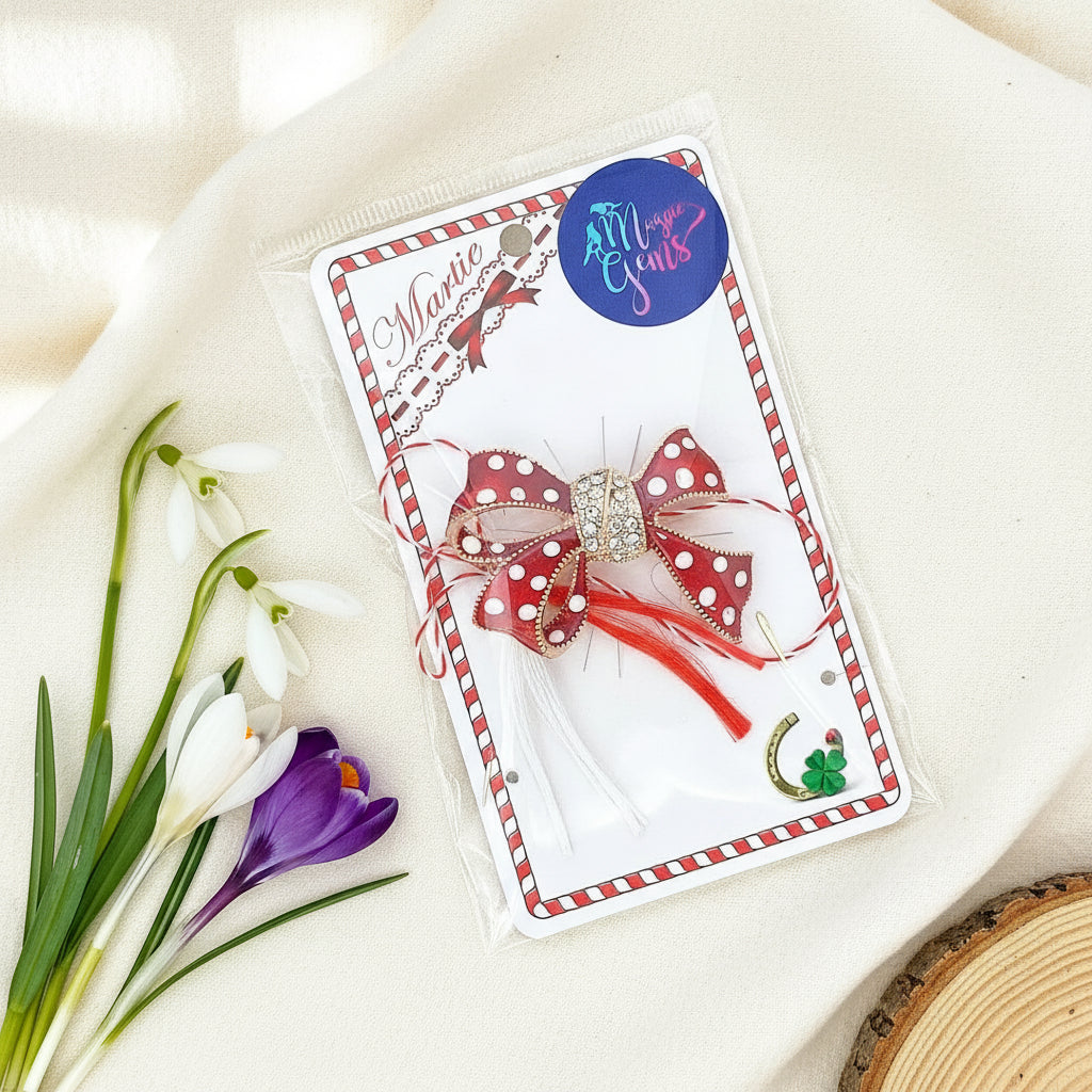 Large Gold Plated Red Enamel Martisor Bow Brooch