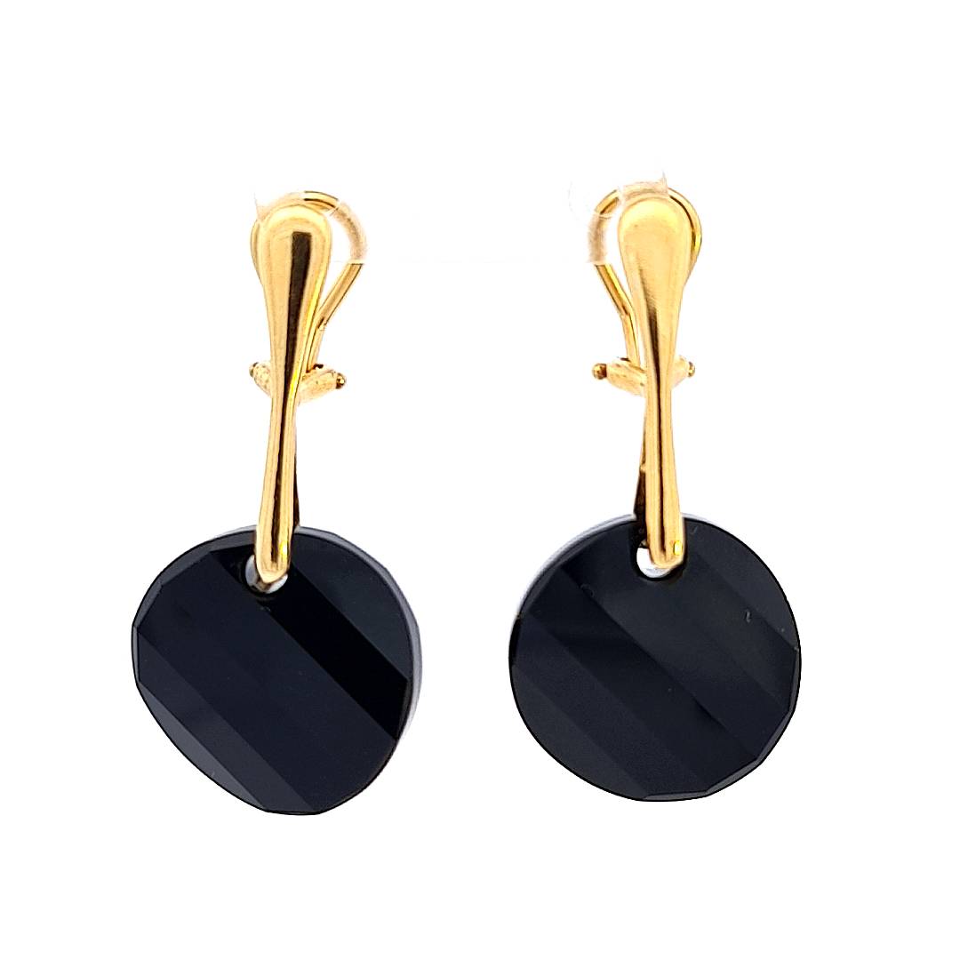 Front view of Midnight Elegance Gold Twist Clip-On Earrings with Jet Black Austrian Crystals.