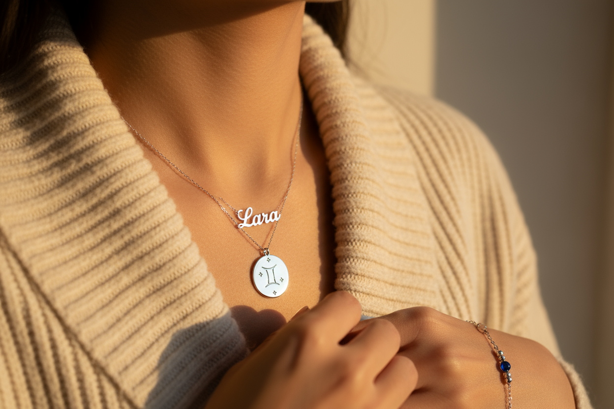 A woman wearing a layered name necklace, zodiac pendant, and birthstone bracelet, designed by Magpie Gems in Ireland.