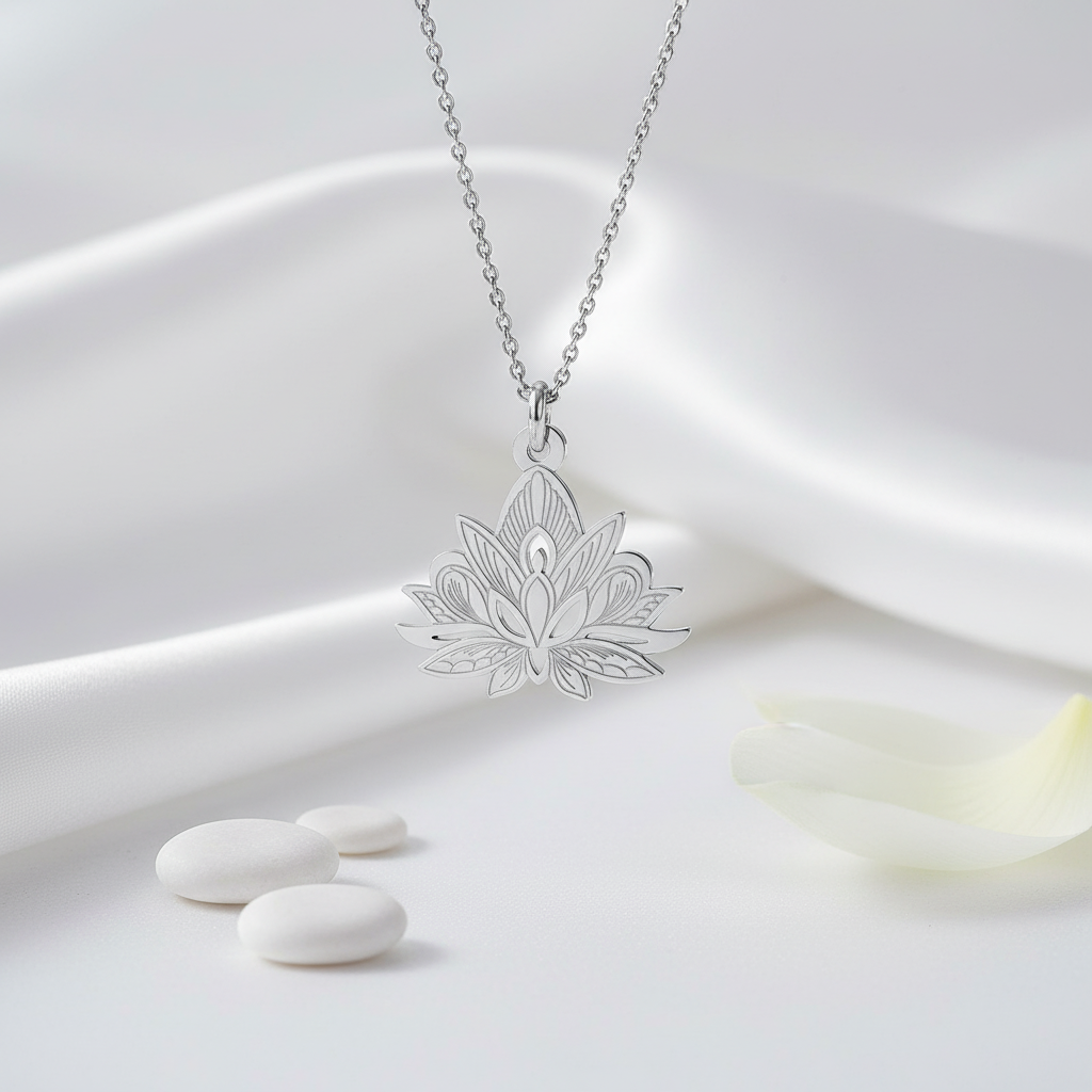 Silver lotus flower necklace on a white background