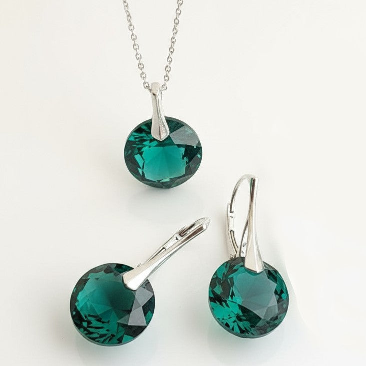 Sterling silver Emerald May birthstone jewellery set featuring green Austrian crystal drop earrings and matching pendant necklace handcrafted in Ireland.