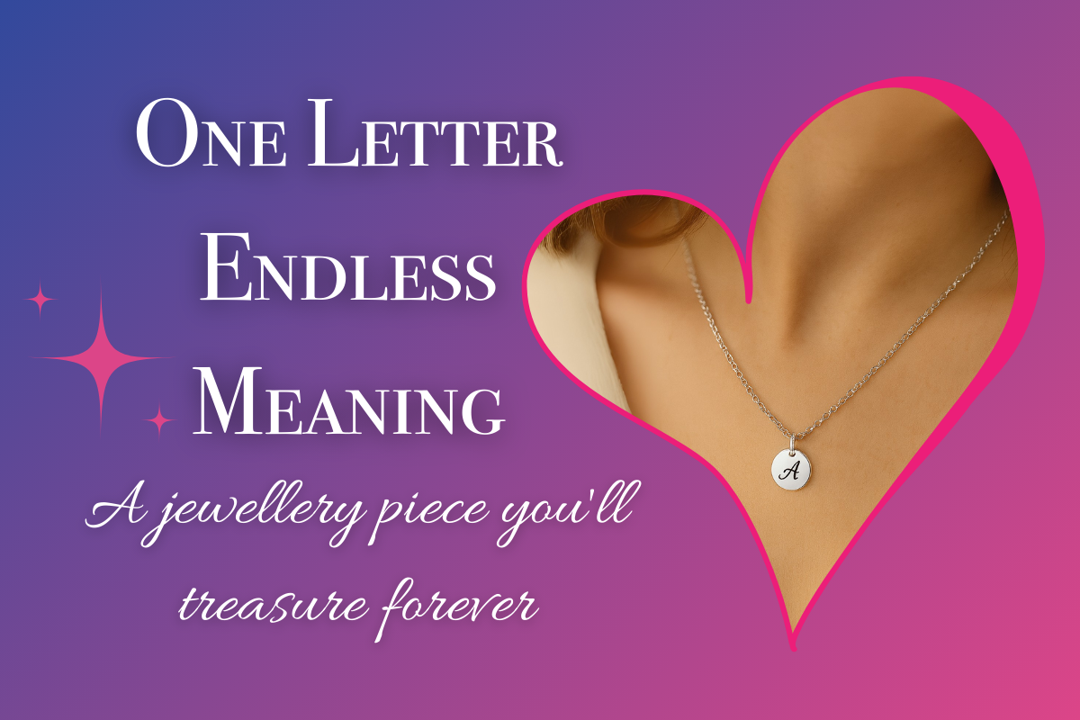 Header banner featuring a silver initial necklace with letter A. One Letter, Endless Meaning – handcrafted by Magpie Gems in Ireland.