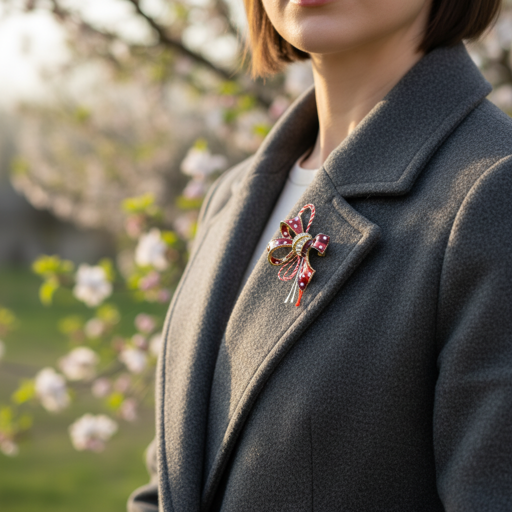Woman wearing a decorative red enamel bow Mărțișor brooch on a grey coat, elegant spring accessory by Magpie Gems