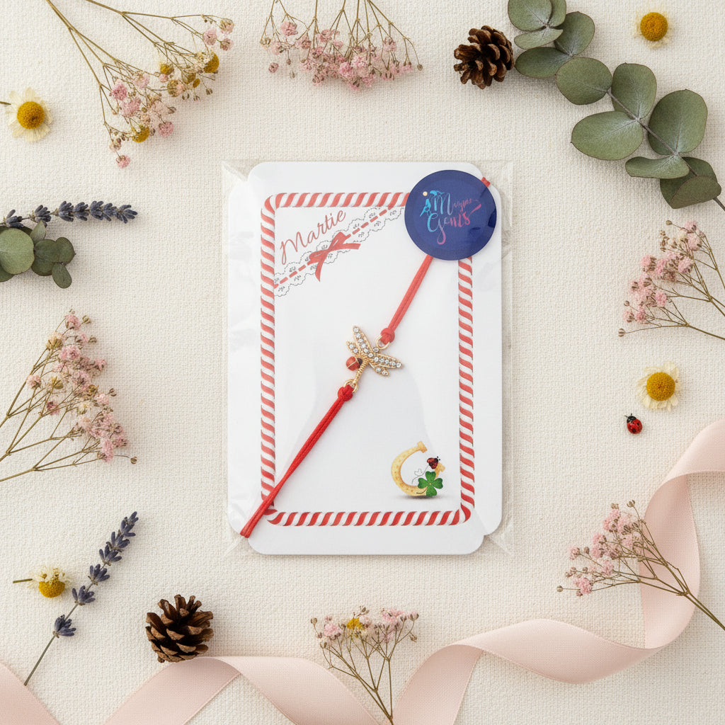Whispers of Spring Mărțișor bracelet with gold dragonfly charm on red thread, presented on card with Magpie Gems logo.