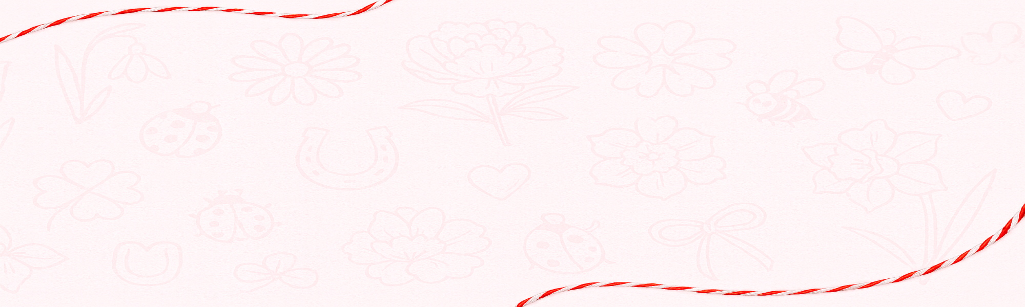 Wide pink Martisor symbolism header with floral and lucky motifs, red-white thread, by Magpie Gems in Ireland. Discover the meaning of each Mărțișor charm and brooch – symbols of luck, love, prosperity and tradition, crafted in Ireland by Magpie Gems.