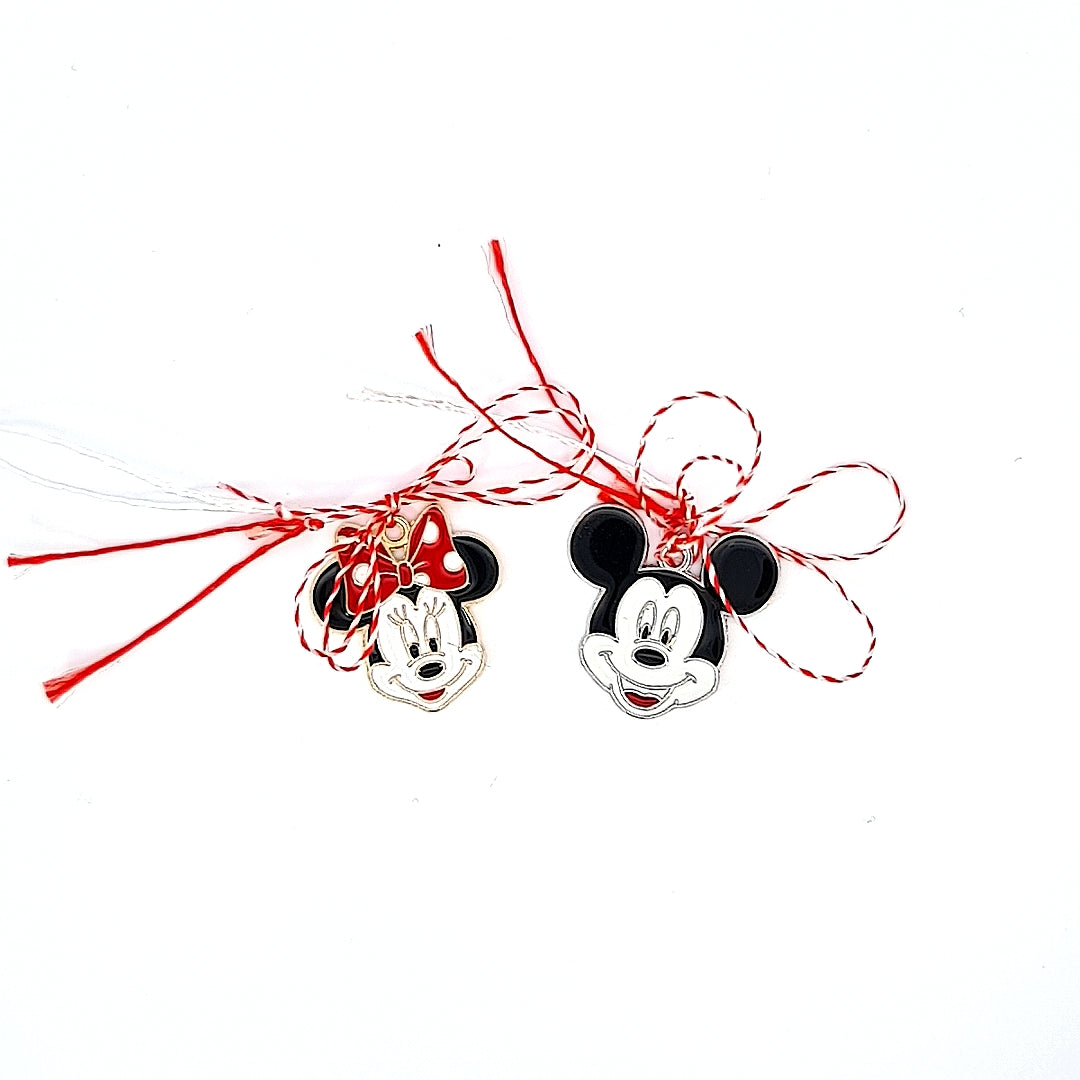 Minnie and MIckey Mouse Martisor with white and red ribbon a joyful celebration of spring