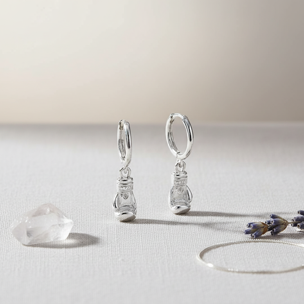 Irish Hand-Finished Sterling Silver MMA Gloves Charm Hoop Earrings