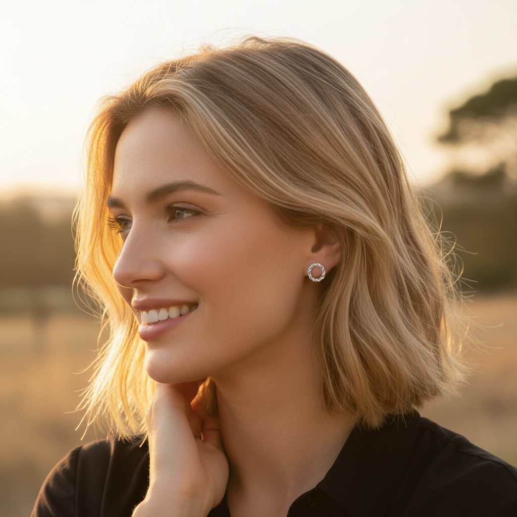 Female model wearing braided hoop stud earrings in sterling silver by Magpie Gems in Ireland.