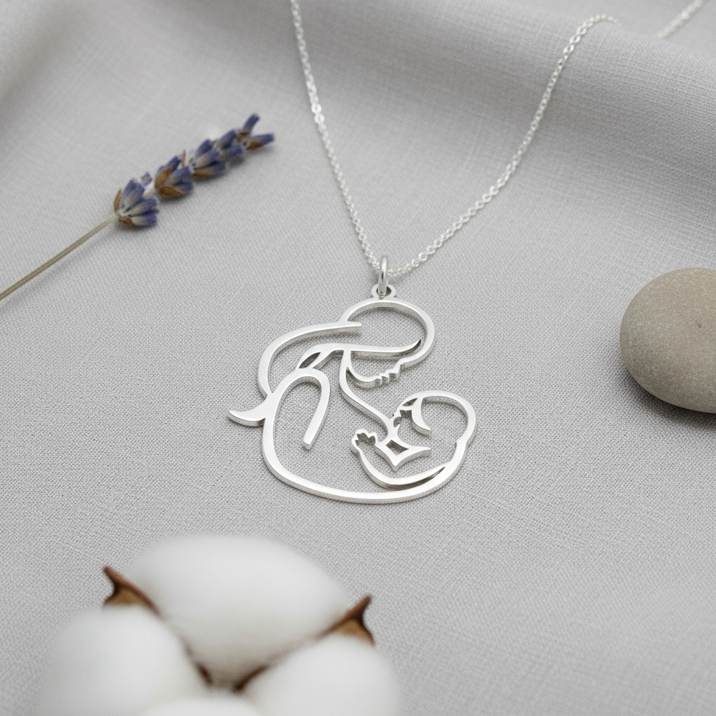 Mother Breastfeeding Baby Sterling Silver Necklace