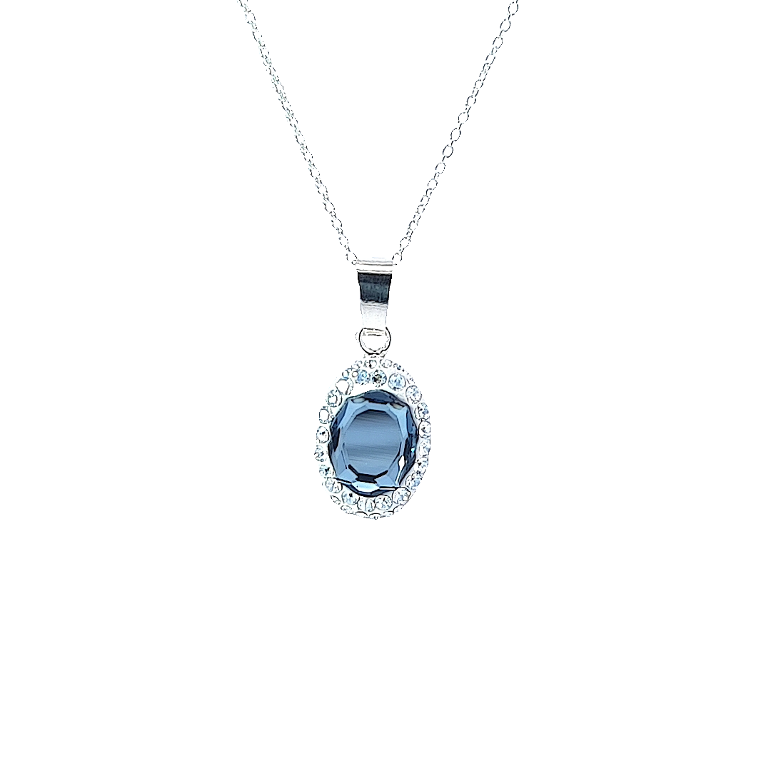 Oval Pave Style Silver Necklace Denim Blue for Women- Personalised Sterling Silver Jewellery Ireland. Birthstone necklace. Shop Local Ireland - Ireland