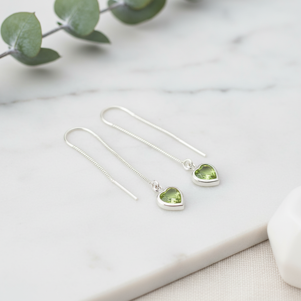 Peridot Green Heart Silver Double Threader Earrings for Women