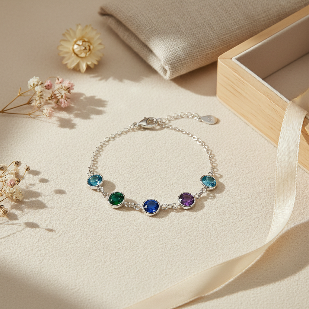 Family Link Bracelet in Sterling Silver with Personalised Birthstones