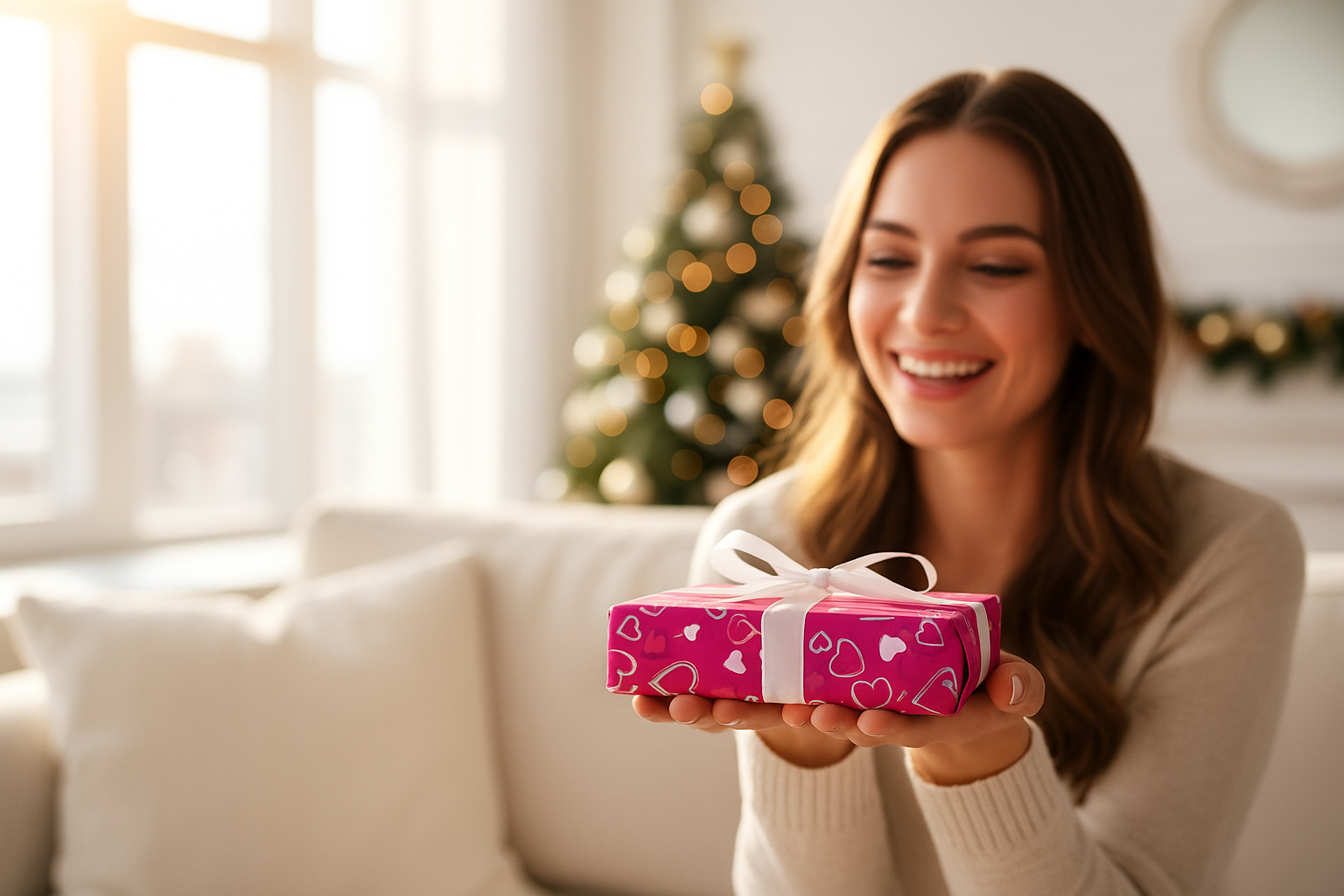 A smiling woman offering a beautifully wrapped pink gift box, symbolising personalised jewellery gifting from Magpie Gems in Ireland.
