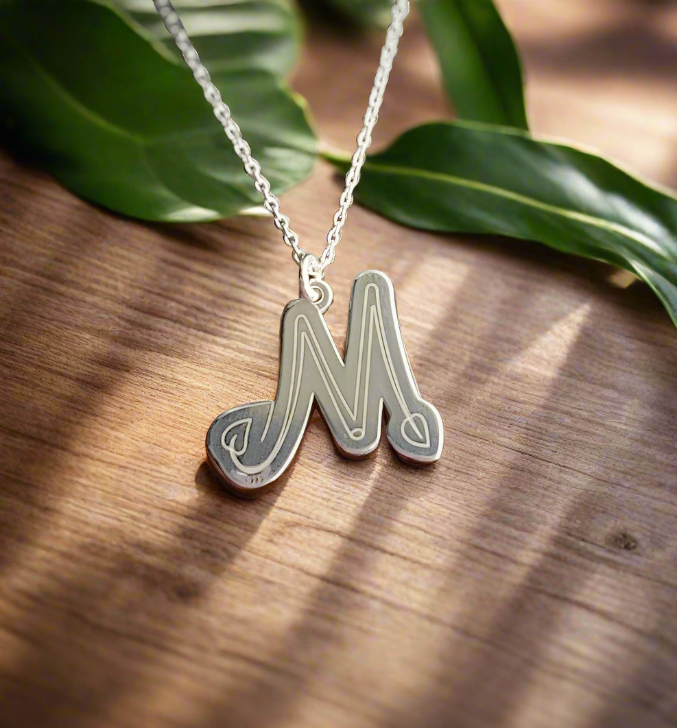Sterling silver twig design initial necklace with letter M pendant